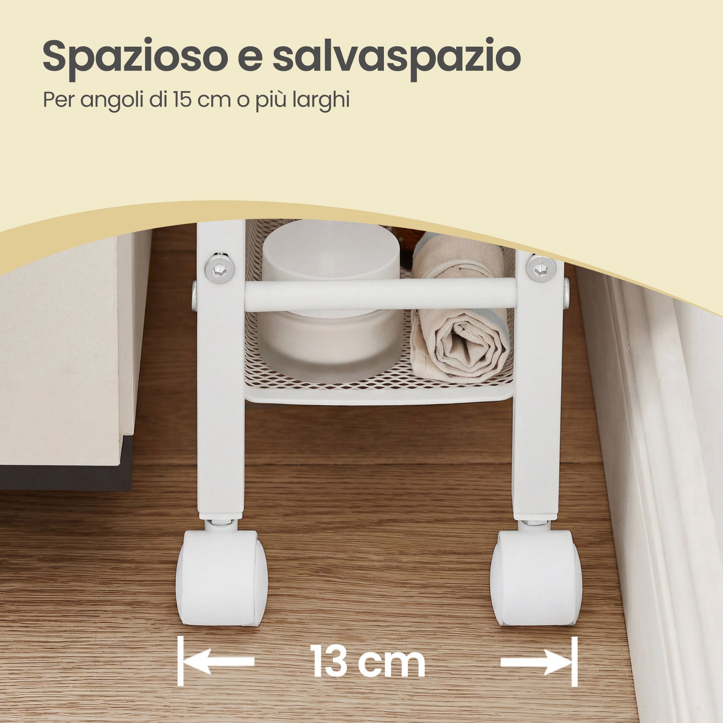Carrello multiuso con rotelle, design sottile, si inserisce perfettamente negli spazi della cucina. Adatto per l'uso vicino alle cappe aspiranti, nei bagni e accanto ai frigoriferi.