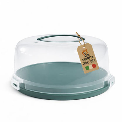 Porta Torta con Coperchio e Manico 28 cm - Campana Trasparente con 3 Chiusure di Sicurezza, Base Verde con Scomparti Portamuffin, H 15