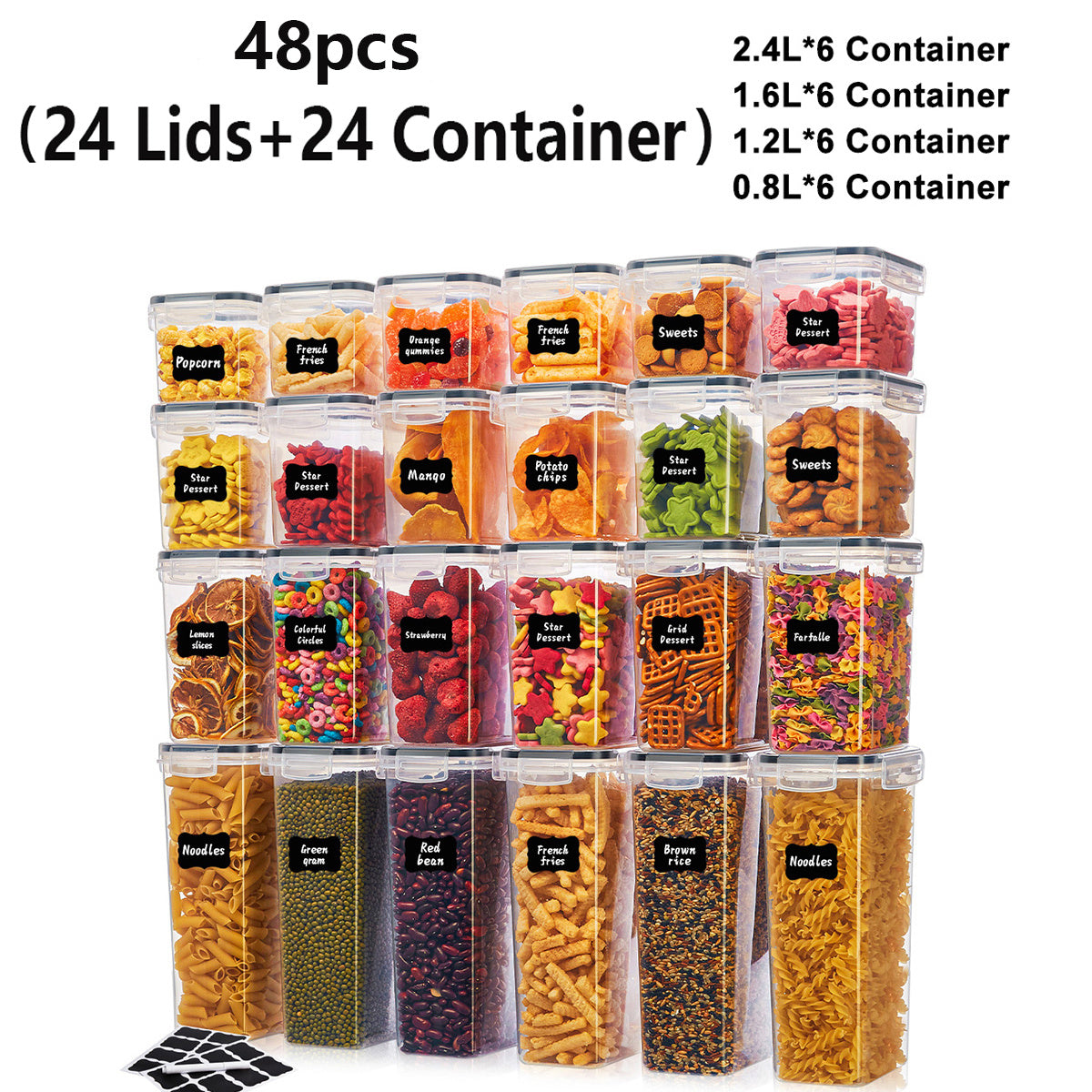 Set da 48 pezzi con 24 contenitori e 24 coperchi, a tenuta stagna, impilabili, salvaspazio, per conservare alimenti, con etichette per cucinare facilmente e organizzare la dispensa. Include 1 pennarello gratuito