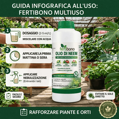 FERTIBONO Olio di Neem 100% Puro, 500 ml, Spremuto a Freddo | Multiuso per Piante, Orto e Giardino
