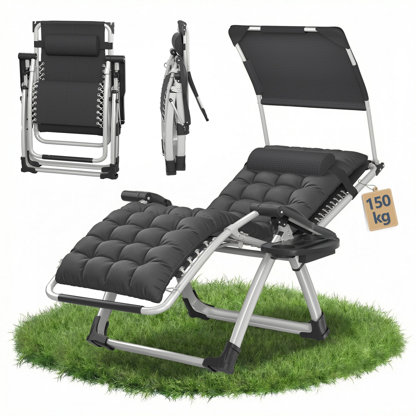 Lettoie ad angolo con tendalino pieghevole, reclinabile, extra large, schienale regolabile, cuscino ergonomico imbottito, cuscino per il collo, tasche laterali, portabicchieri, grigio nero, grigio chiaro, beige
