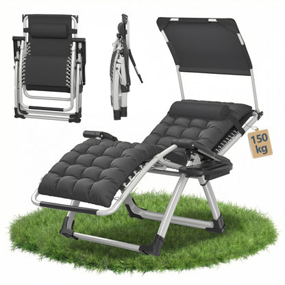 Lettoie ad angolo con tendalino pieghevole, reclinabile, extra large, schienale regolabile, cuscino ergonomico imbottito, cuscino per il collo, tasche laterali, portabicchieri, grigio nero, grigio chiaro, beige