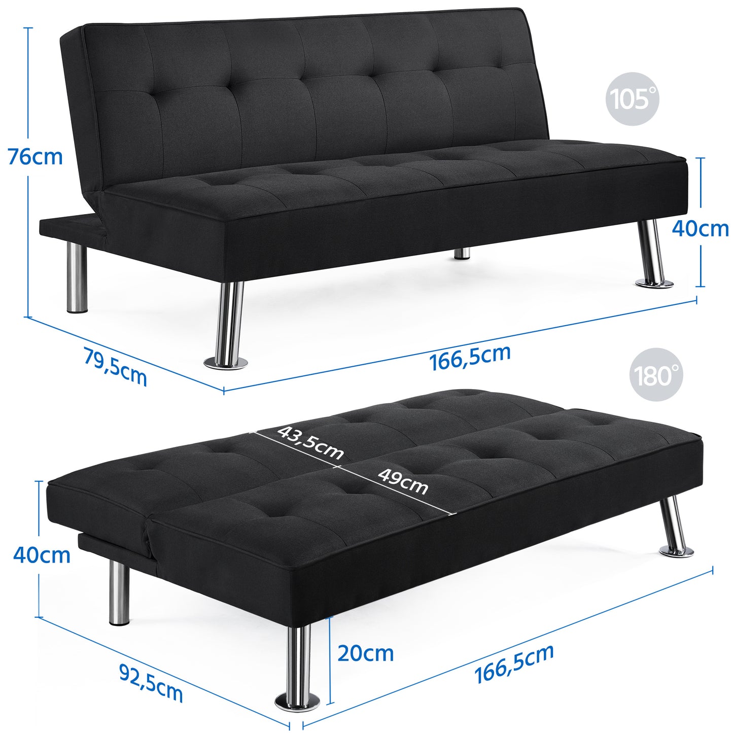 Costoffs Divano Letto a 3 Posti Divano Letto in Tessuto Imbottito con Gambe in Metallo Cromato 105° - 180° per Soggiorno Studio Ufficio Camera degli Ospiti Carico Massimo 350 kg