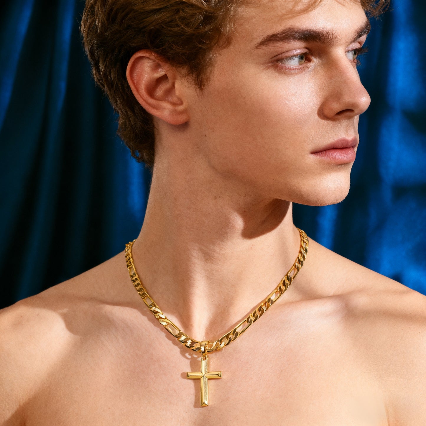 Collana con ciondolo da uomo in argento 925, catena Figaro minimalista placcata in oro 18 carati con ciondolo a croce 3D, regalo perfetto per lui, regalo per la festa del papà, confezione regalo