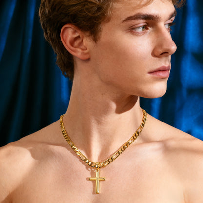 Collana con ciondolo da uomo in argento 925, catena Figaro minimalista placcata in oro 18 carati con ciondolo a croce 3D, regalo perfetto per lui, regalo per la festa del papà, confezione regalo