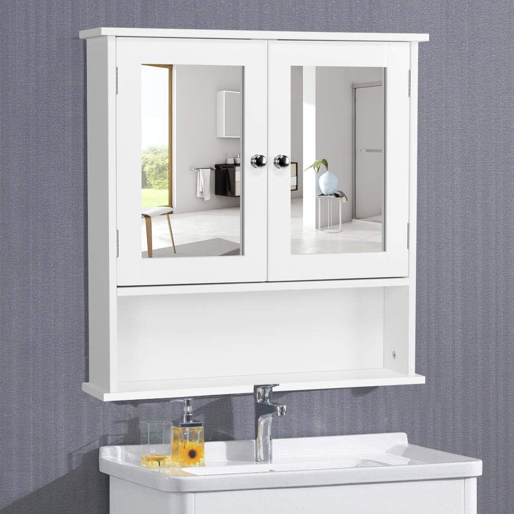 Armadietto Bagno Specchio da Muro Parete Mobile Bagno Sospeso con 2 Ante Mobiletto Pensile Mensola Ripiano Regolabile 58 x 56 x 13 cm