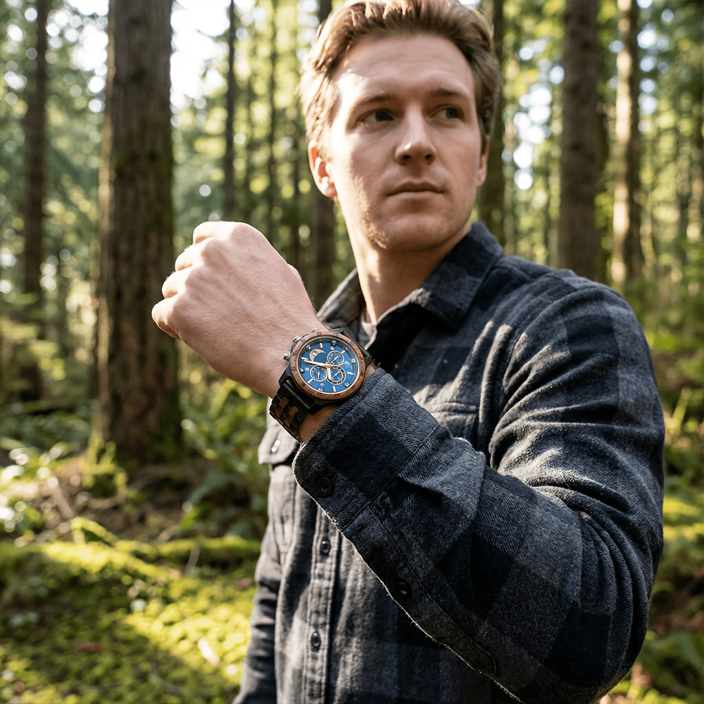 Orologi da Polso in Legno per Uomo, Orologi al Quarzo alla Moda con Data, Settimana e Ora, Scatola in Legno per Lui