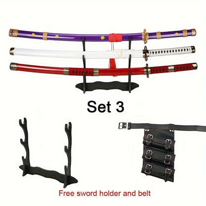 3 Pezzi Set Spada Anime, Lama in Bambù Sicura Non Affilata, Accessorio Cosplay, Katana Spada Samurai, Regalo per Halloween e Natale, Cintura e Portaspada Inclusi