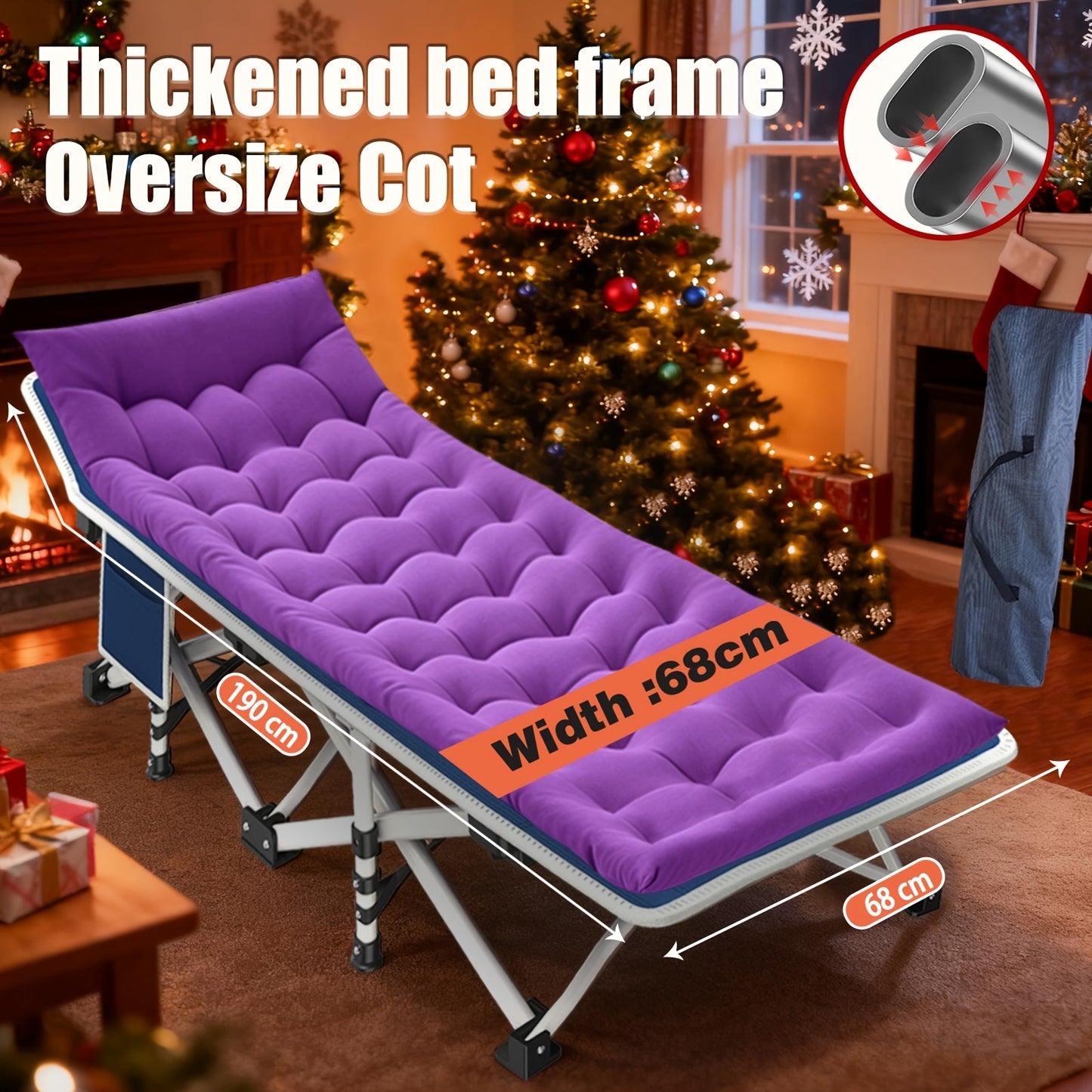 Lettino da campeggio pieghevole portatile XXL misura 200 cm x 190 cm, con materasso rimovibile e capacità di supporto fino a 300 kg e 400 kg. Non richiede installazione ed è ideale per uso esterno, campeggio, tende, uffici, case.