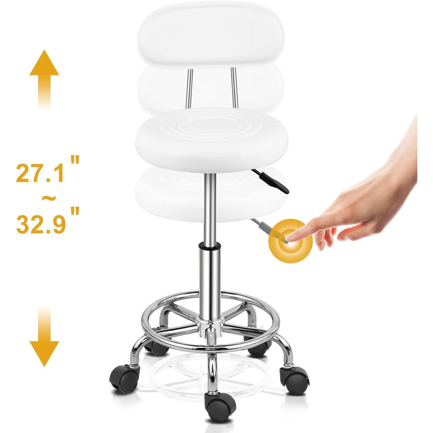 Sgabello da ufficio Bonnlo | Rotante, girevole a 360°, altezza regolabile, materiale PVC, forma rotonda, schienale nero per saloni di manicure, centri estetici, spa e uffici