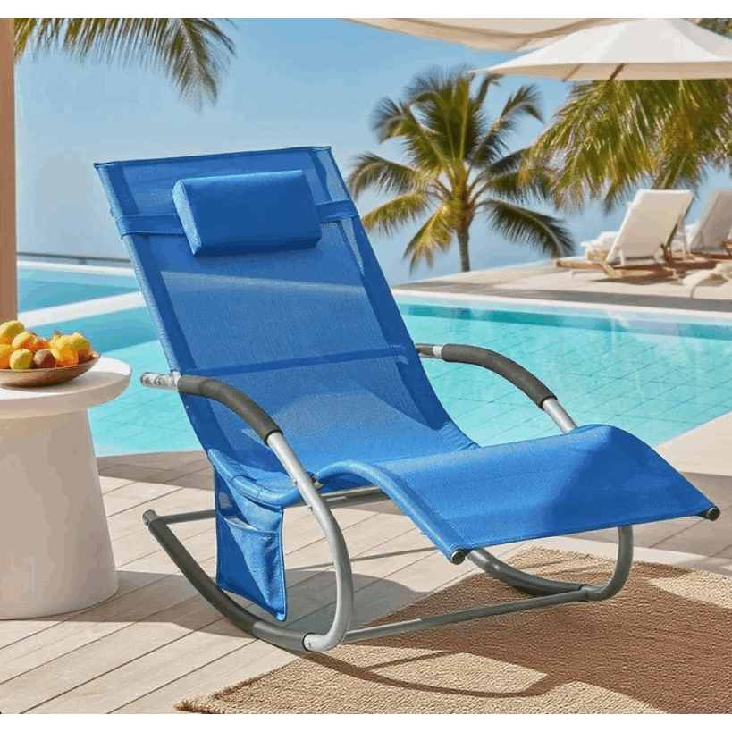 1 Pezzo Lettino Prendisole Lettino da Giardino Sdraio Relax Sedia a Dondolo da Esterno con Cuscino Poggiatesta Superficie Ergonomica Tessuto Resistente agli Agenti Atmosferici Struttura in Metallo Tasca Laterale Portata Massima 150 kg Terrazza Balcone Gia