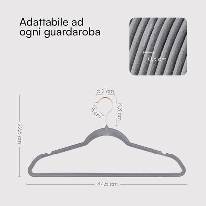 Baroni Home Grucce in Velluto Salvaspazio 44,5 cm – Appendiabiti Antiscivolo con Gancio in Oro o Argento – Design Elegante e Ultra Sottile, Ideali per Vestiti, Camicie, Cappotti – Alta Capacità di Carico – Set da 20 o 50 Pezzi per Organizzare al Meglio il