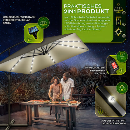 Tillvex® Tenda da Sole Rettangolare in Alluminio con LED Solare Ø 330 Cm + Copertura con Manovella | Ombrello Angolare con Luce Stradale, Supporto e Parabrezza | Grande Ombrello da Giardino in Alluminio con Protezione UV | Ombrello con Manovella, Ombrello