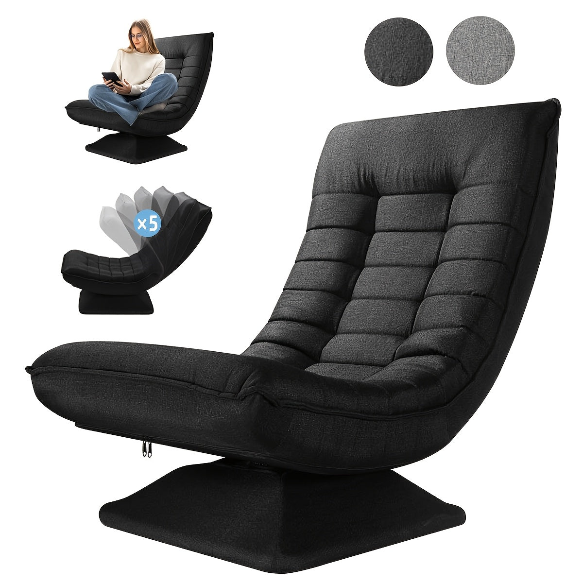 Poltrona Divano, Sedia da Terra, Schienale Regolabile Rotazione a 360° Pieghevole Portata 150Kg Design Elegante e Comfort Fanno di Essa l'Attenzione Principale della Tua Decorazione Domestica, Offrendoti un Luogo Comodo per Rilassarti. Nero, Grigio