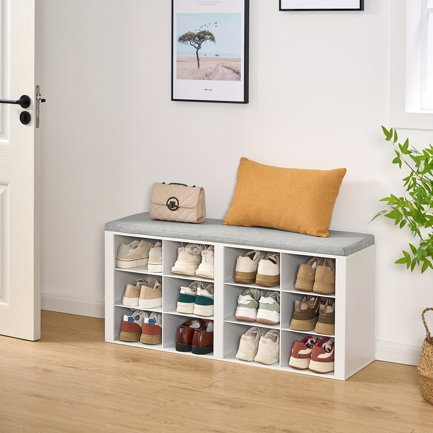 Panca Porta Scarpe, Scarpiera con Sedile, Panca con Contenitore, Cuscino, 12 Scomparti, per Soggiorno, Corridoio, Camera da Letto, Bianco-Grigio