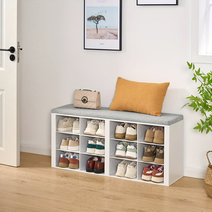 Panca Porta Scarpe, Scarpiera con Sedile, Panca con Contenitore, Cuscino, 12 Scomparti, per Soggiorno, Corridoio, Camera da Letto, Bianco-Grigio