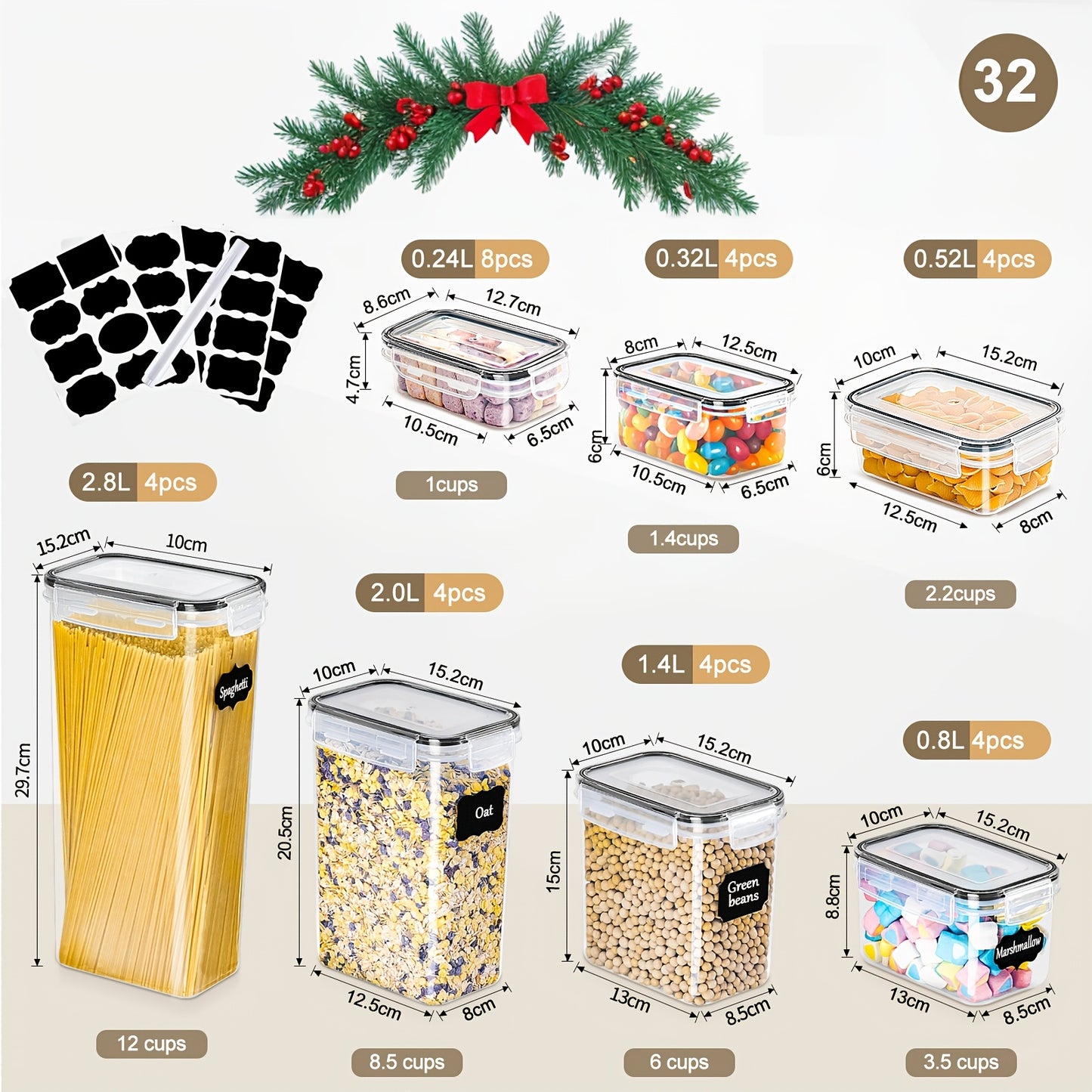 Set di contenitori per alimenti da cucina di alta gamma, 32 pezzi. Contenitori ermetici per frigorifero, sala da tè e armadietti. La scelta ideale per farina, zucchero, pasta, cereali e ingredienti per dolci. Include penna e etichetta