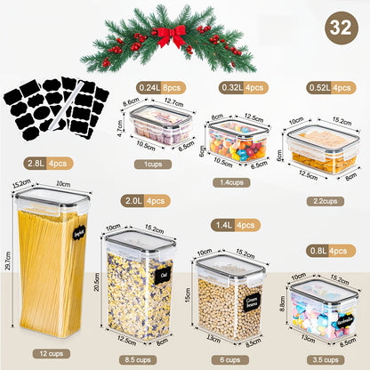 Set di contenitori per alimenti da cucina di alta gamma, 32 pezzi. Contenitori ermetici per frigorifero, sala da tè e armadietti. La scelta ideale per farina, zucchero, pasta, cereali e ingredienti per dolci. Include penna e etichetta