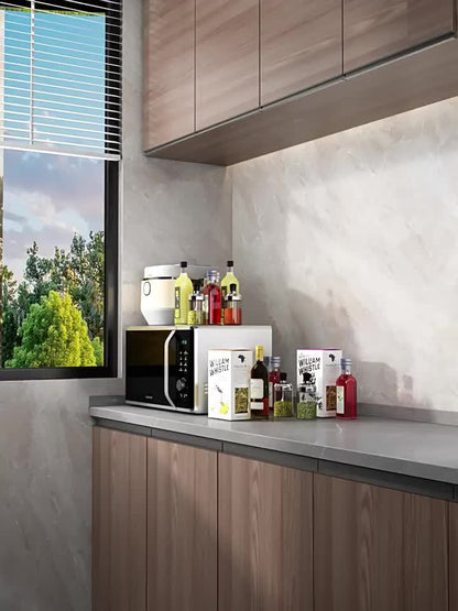 Scaffale Estendibile per Microonde a 2 Livelli con 5 Ganci, Porta Taglieri e 3 Asciugamani, Scaffale per Cucina, Scaffale per Microonde e Forno da Piano, Estendibile 40-64 cm (Nero, Bianco)