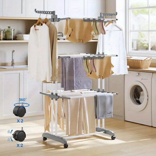 Stendibiancheria Verticale Pieghevole a 4 Ripiani - Torre Lavanderia Robusta in Acciaio Inox su Ruote, Design Salvaspazio per Uso Interno/Esterno, Stendino per Bucato, Stoccaggio Interno, Stoccaggio Compatto, Struttura Robusta, Ideale per Appartamenti, St