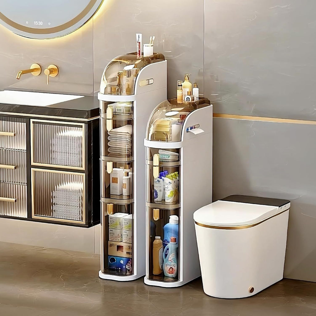 Mobiletto da bagno sottile a 4 ripiani, organizer da pavimento per bagno sottile da 7.1″ con cassetti e portasciugamani, armadietto mobile impermeabile in plastica con ruote per piccola cucina, lavanderia, soggiorno, unità di cassetti portaoggetti