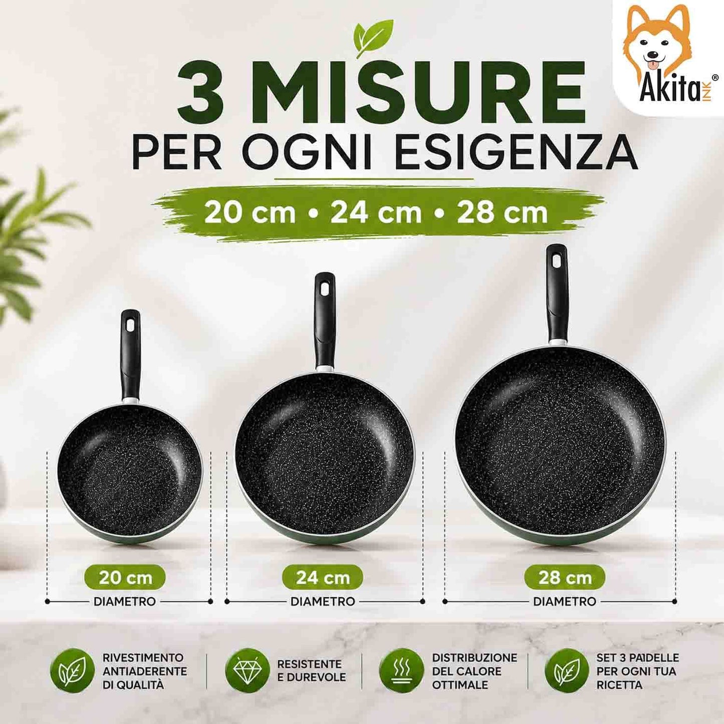 Akitaink Set 3 Padelle Antiaderenti Natura 20-24-28 cm Verde, Padelle in Alluminio con Rivestimento Antiaderente, Cottura Uniforme e Facile Pulizia