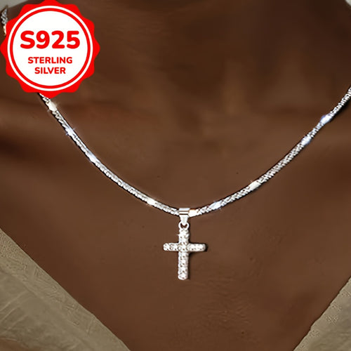 Collana con ciondolo a croce lucida in argento sterling S925, catena clavicola minimalista di stile etnico alla moda per donna, che mette in risalto personalità ed eleganza
