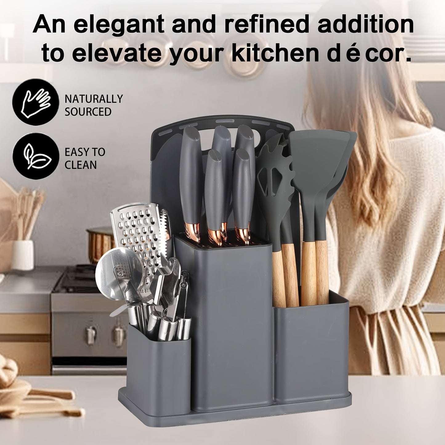 Collezione di 20 Coltelli Professionali con Porta Coltelli. Coltello da Chef, Mannaia, Coltello da Pane, Coltello per Affettare, Coltello per Disossare e Utensili da Cucina Completi. Struttura a Telaio Intero con Manici Antiscivolo per Taglio di Precision