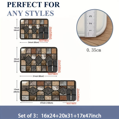 Set 3 tappetini antiscivolo stile rustico, adatti per bagno, soggiorno - Morbidi e spessi con retro in plastica, pietra geometrica classica, arredo country vintage, protezioni lavabili a mano