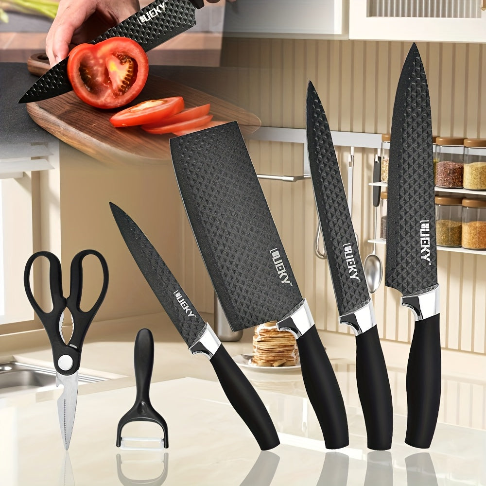 Coltello da Cucina LeQi - Motivo a Rombi - Manico Marrone e Nero - Set da 6 Pezzi in Scatola, Set di 6 Coltelli in Acciaio Inossidabile, Utensili da Cucina in Acciaio Inossidabile. Coltello da Cucina Forgiatura, Forbici, Pelapatate, Coltello per Sbucciare