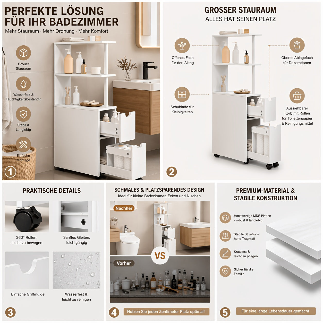 1 pz. Mobiletto da Bagno con Nicchia con Cassetti su Rotelle, Ripiani Aperti, Mobiletto da Bagno Mobiletto da Bagno Stretto, Credenza Mobiletto da Cucina Multifunzionale, Bianco, 19x113x45 Cm (LxAxP)