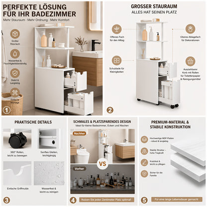 1 pz. Mobiletto da Bagno con Nicchia con Cassetti su Rotelle, Ripiani Aperti, Mobiletto da Bagno Mobiletto da Bagno Stretto, Credenza Mobiletto da Cucina Multifunzionale, Bianco, 19x113x45 Cm (LxAxP)