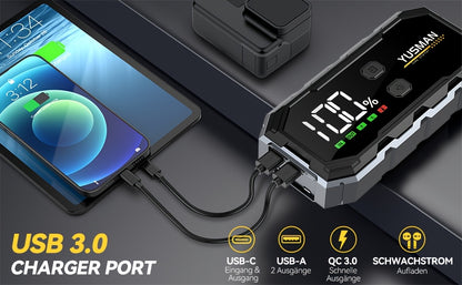 Avviatore di emergenza per auto 10000A/9500A, booster di batteria portatile 12V per tutti i veicoli a benzina/diesel fino a 10 litri, ricarica rapida QC3.0, schermo LCD, luce di emergenza a LED, borsa di stoccaggio in EVA opzionale