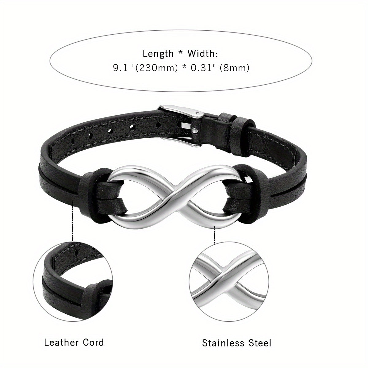 Bracciale JewelryWe in pelle sintetica con ciondolo infinito 'amore in acciaio inossidabile per uomo e donna, vestibilità regolabile 17.78-21.08 cm