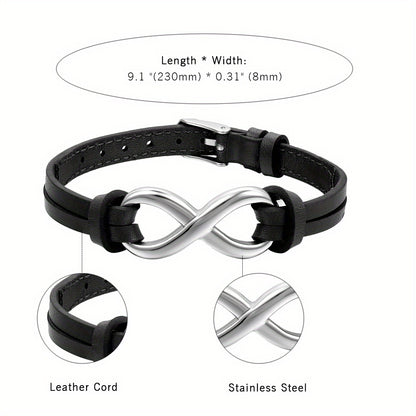 Bracciale JewelryWe in pelle sintetica con ciondolo infinito 'amore in acciaio inossidabile per uomo e donna, vestibilità regolabile 17.78-21.08 cm
