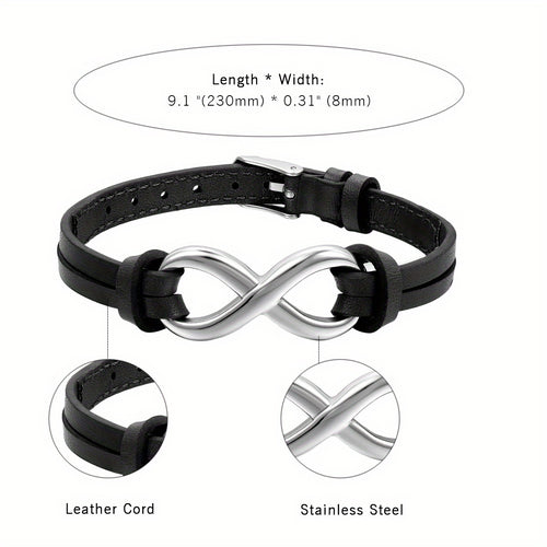 Bracciale JewelryWe in pelle sintetica con ciondolo infinito 'amore in acciaio inossidabile per uomo e donna, vestibilità regolabile 17.78-21.08 cm