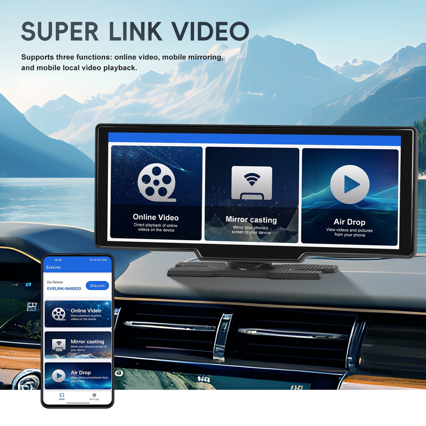 Display Interattivi con Touch Screen Versione Aggiornata 10.26 Pollici Stereo Auto Portatile Wireless Carplay per Auto con Carplay e per Android Auto con Mirror Link/ Telecamera di Retromarcia/ Wireless/ Navigazione/ AUX per Tutti i Veicoli