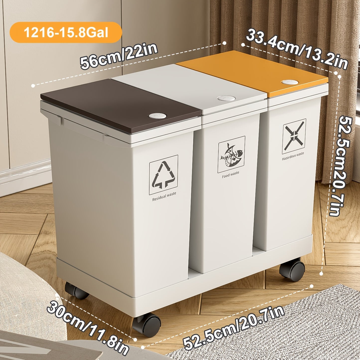 Cestino della spazzatura da cucina di grande capacità 60L/36L/24L con scomparti separati - Rotante, resistente agli odori, separazione rifiuti asciutti e bagnati, forma rettangolare, coperchi a pressione, facile da pulire, gestione rifiuti da cucina | Pla