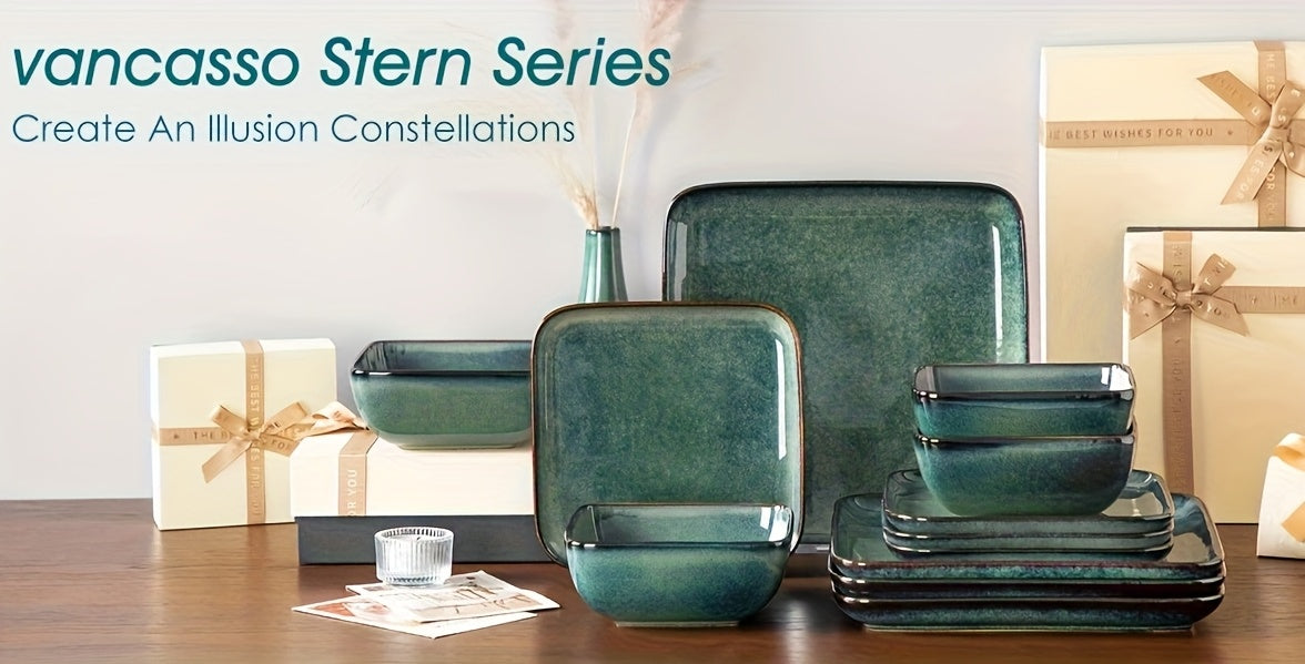 Set da pranzo verde da 12 pezzi, stoviglie quadrate con smalto reattivo, set di stoviglie da cucina in argilla con piatto da portata, piatto da dessert, set di ciotole per 4 persone, lavabile in lavastoviglie e adatto al microonde, fatto a mano, regalo pe