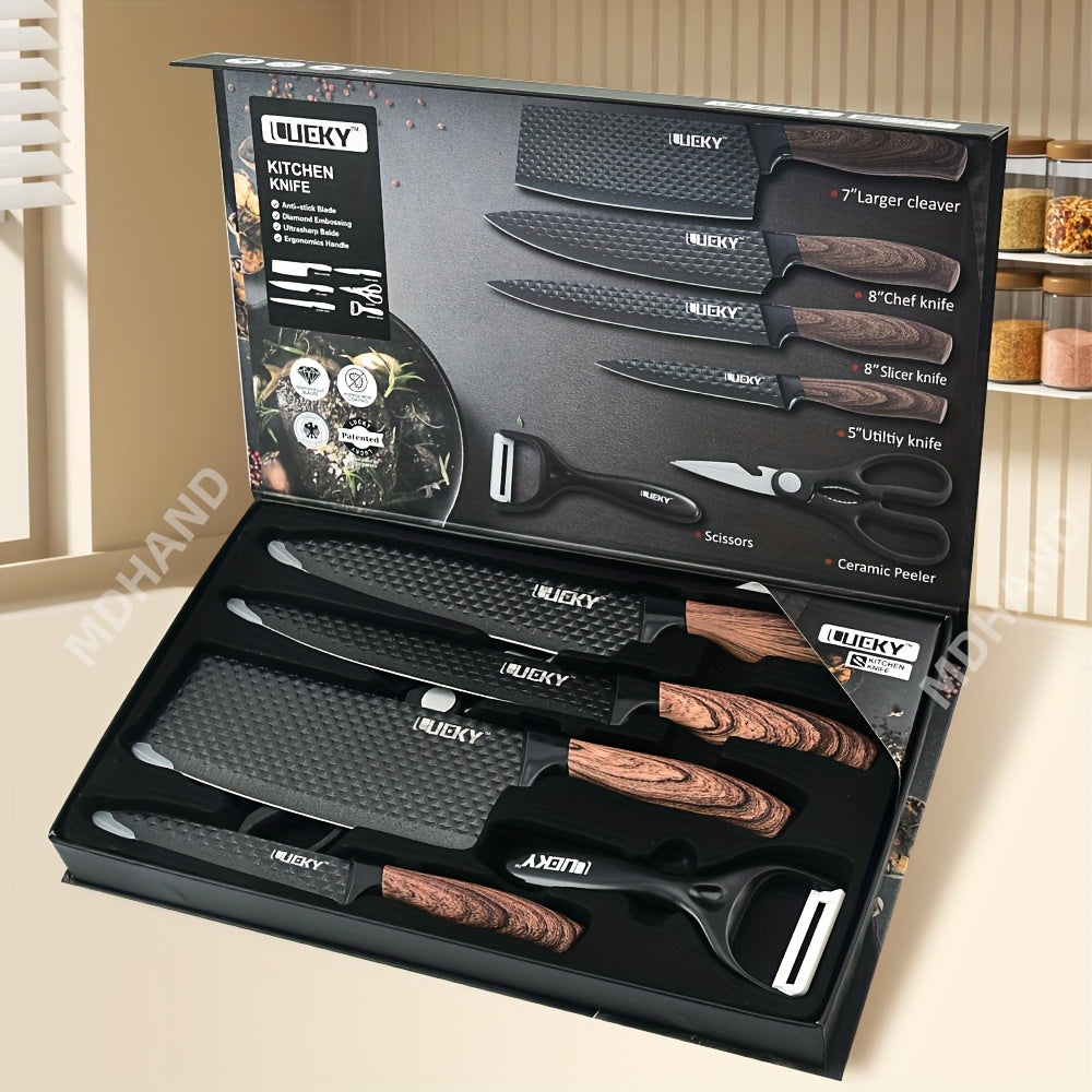 Coltello da Cucina LeQi - Motivo a Rombi - Manico Marrone e Nero - Set da 6 Pezzi in Scatola, Set di 6 Coltelli in Acciaio Inossidabile, Utensili da Cucina in Acciaio Inossidabile. Coltello da Cucina Forgiatura, Forbici, Pelapatate, Coltello per Sbucciare