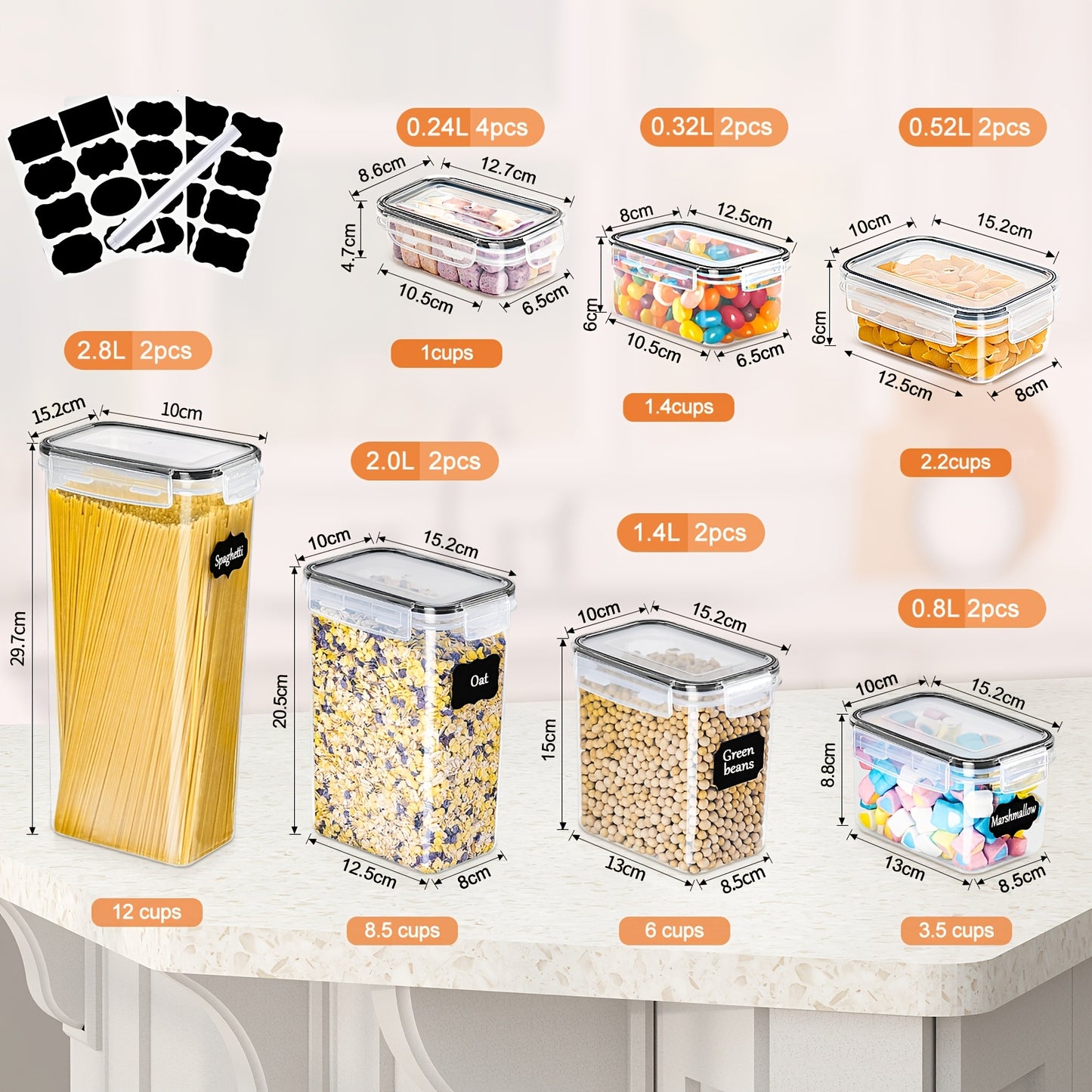 Un Must-Have per la Cucina di Famiglia! Set di 16 Barattoli per la Conservazione degli Alimenti, Barattoli Sigillati in Plastica con Coperchio, Accessori da Cucina per Conservare Cereali, Pasta, Farina, Cibo per Animali Domestici, con Etichette e Pennarel