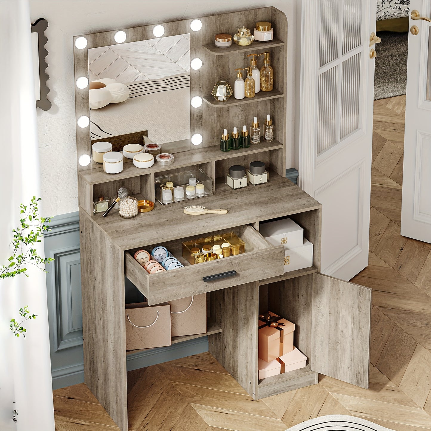 Toilette con Specchio e 10 Luci LED, Toilette con 3 Ripiani e 4 Scomparti Aperti, Toilette con Ampio Cassetto e Armadietto, 3 Livelli di Illuminazione Regolabili, Bianco, Greige