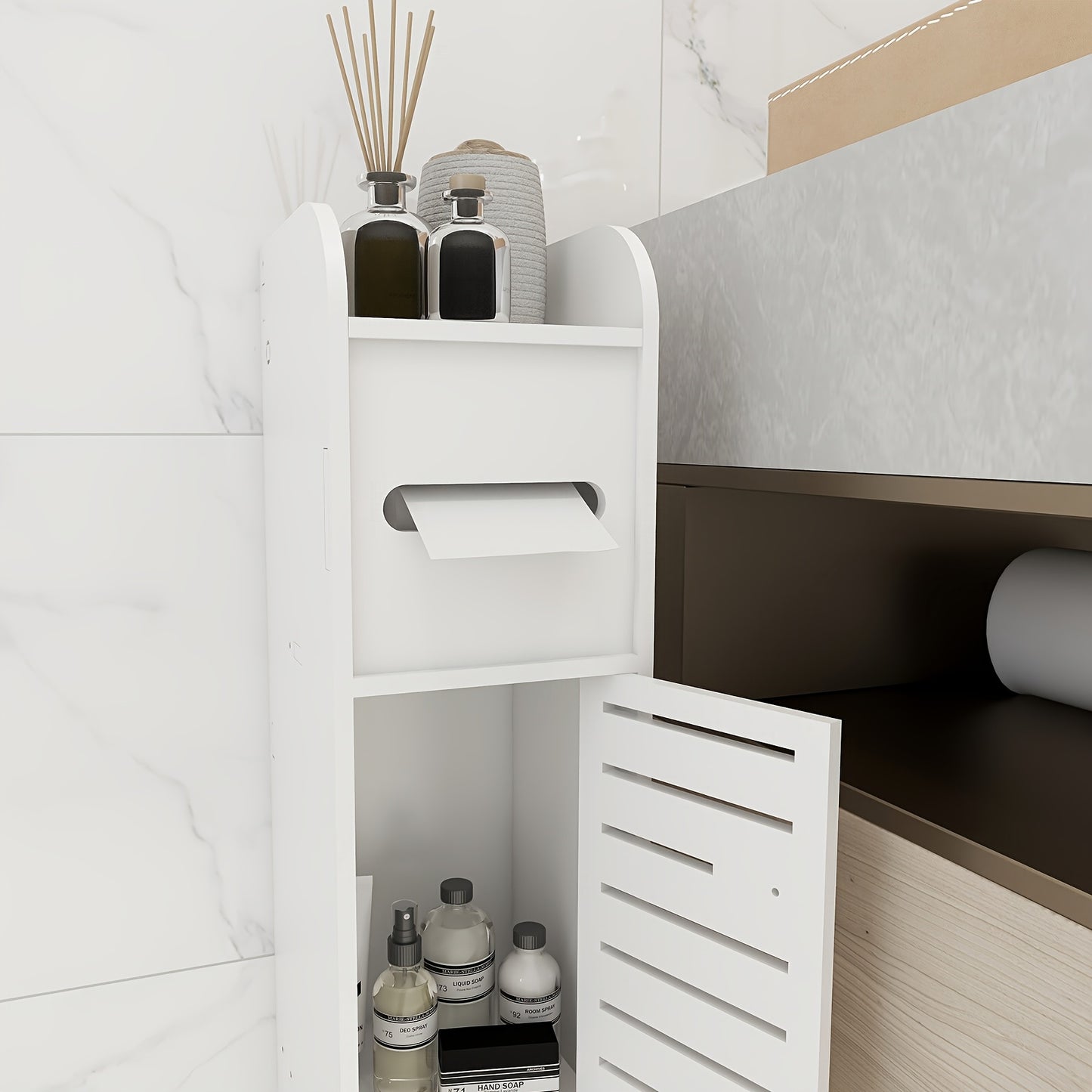 Armadietto da bagno piccolo, organizzatore sottile e lavorato in PVC, ideale per spazi ristretti, facile da montare e durevole, mobiletto multiuso porta carta igienica per bagno, camera da letto e soggiorno