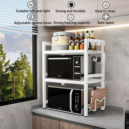 Scaffale per Microonde 3 Ripiani Estendibile con 6 Ganci, Mensola da Cucina, Porta Spezie, Organizzatore per Armadio Microonde, Nero, Estendibile da 40 a 64 cm