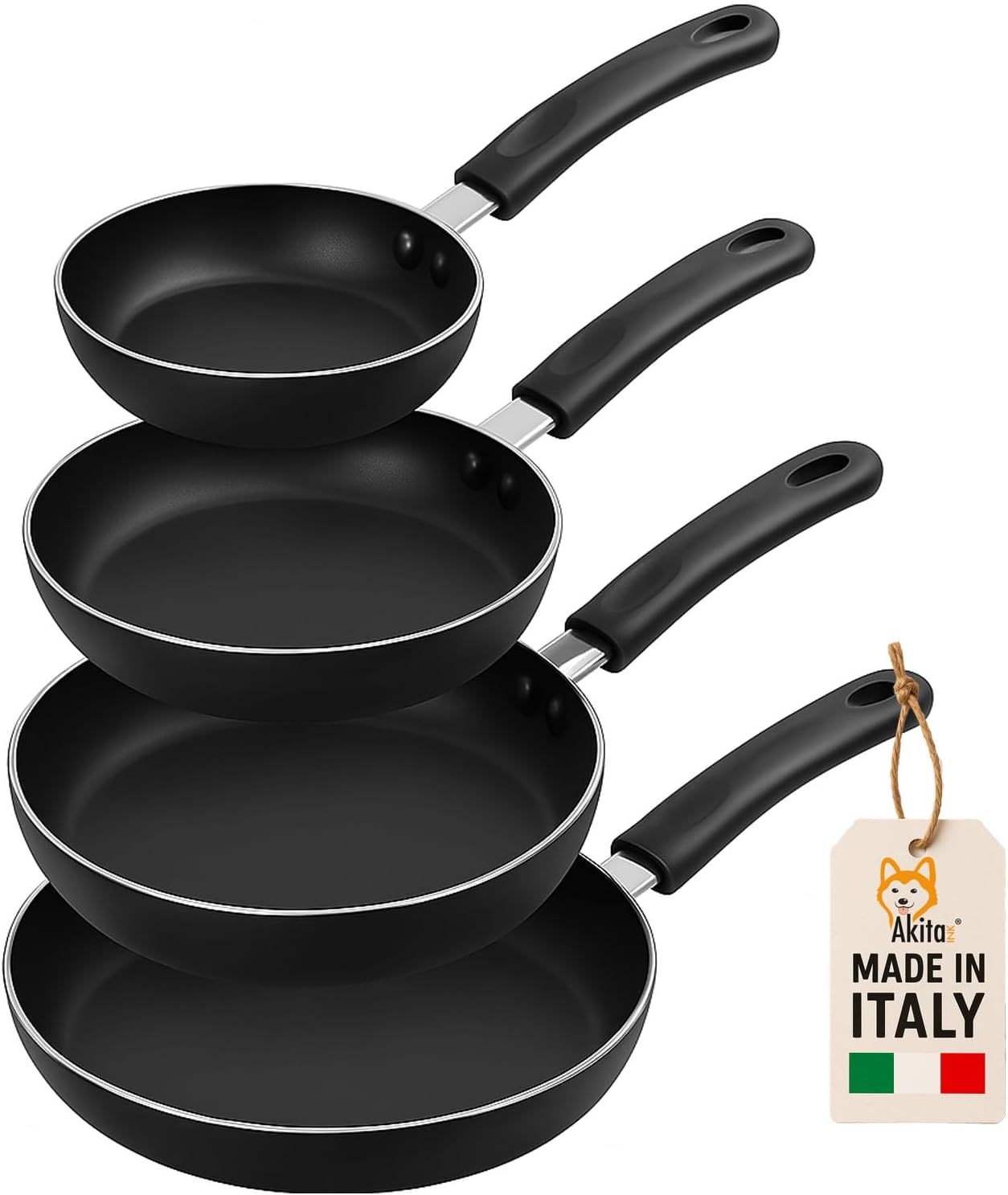 AKITAInk Set 4 Padelle Antiaderenti 16-20-24-28cm | Alluminio Leggero, Rivestimento PFOA Free, Fondo Antiaderente, Manici Soft Touch Made in Italy