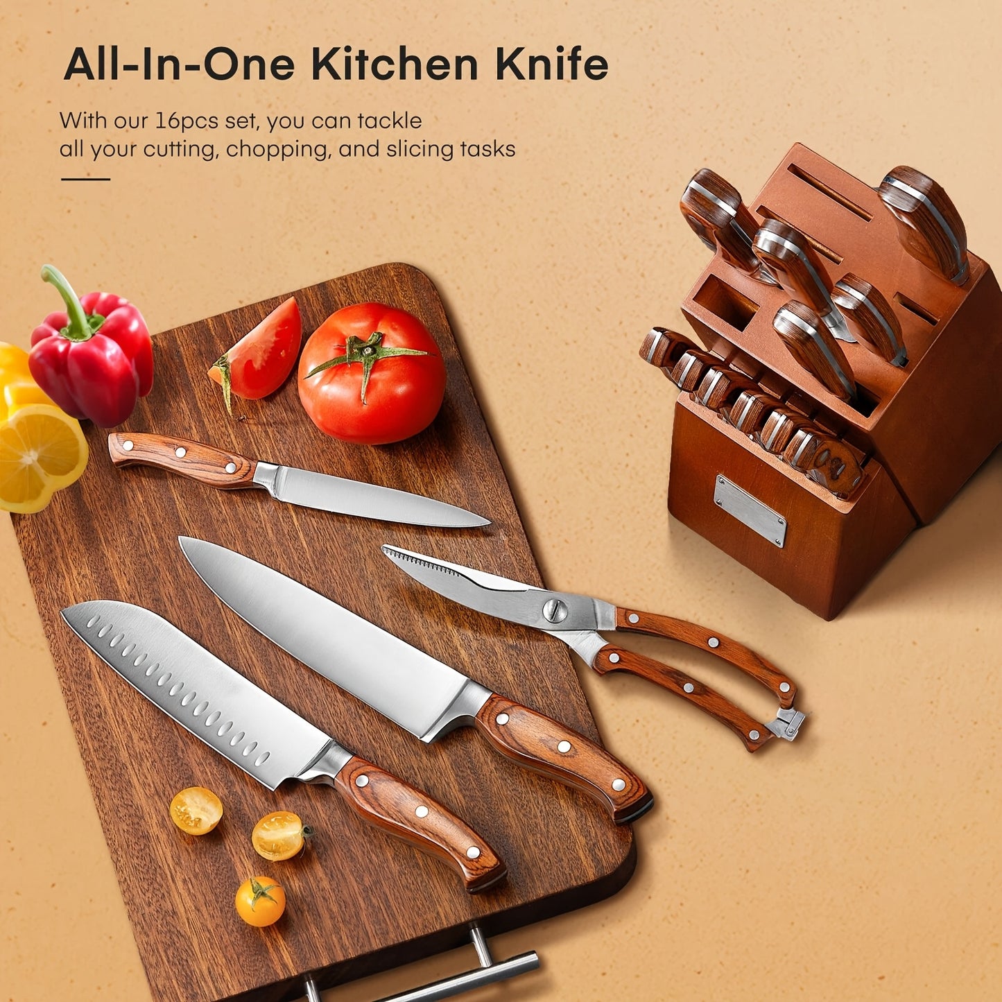16 pezzi di accessori da cucina, set da cucina, articoli da cucina, con manico in legno, set in acciaio inossidabile con blocco in legno, elettrodomestici e accessori da cucina professionali con affilacoltelli, regalo di Natale ideale per mamma, amica, ma