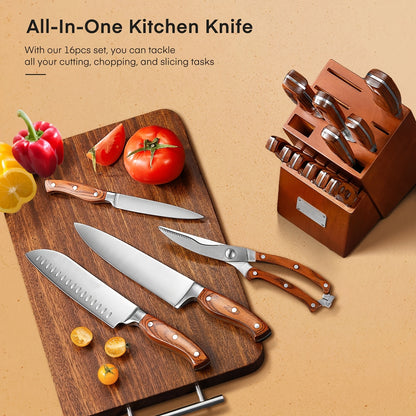 16 pezzi di accessori da cucina, set da cucina, articoli da cucina, con manico in legno, set in acciaio inossidabile con blocco in legno, elettrodomestici e accessori da cucina professionali con affilacoltelli, regalo di Natale ideale per mamma, amica, ma