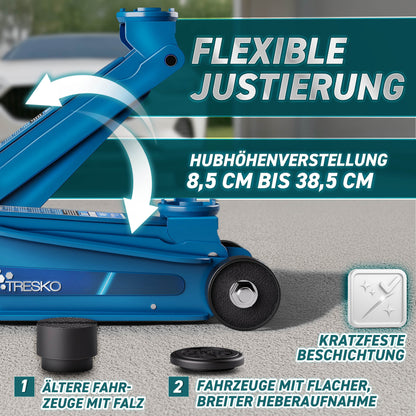Cric idraulico per auto TRESKO® 2.5 - 3T | Cric idraulico per spostamento auto e SUV con ruote piane e a 360°, include 2 guarnizioni in gomma, tappetino protettivo, guanti