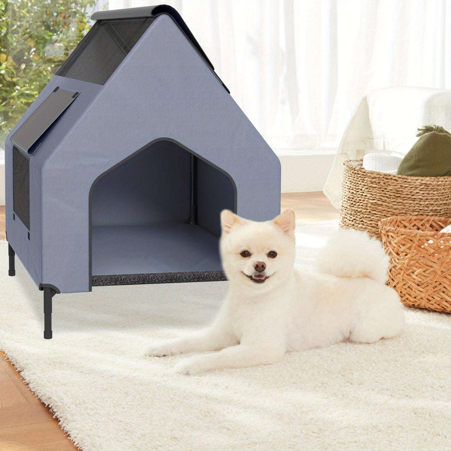 Casina per Cani Grigia con Porta e Finestra, Adatta per Uso Interno/Esterno