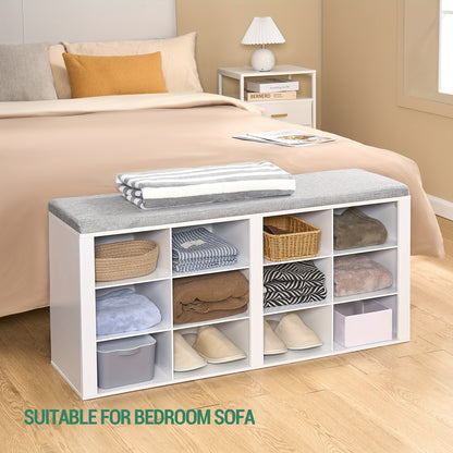 Panchina Portascarpe, Scaffale per Scarpe con Seduta, Panchina con Contenitore, Cuscino, 12 Scomparti, per Soggiorno, Ingresso, Camera da Letto, Bianco-grigio